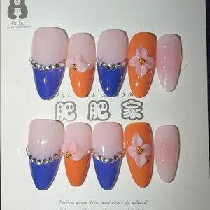Orange and Blue handmade Acrylic press on Nail Set with Floral Design